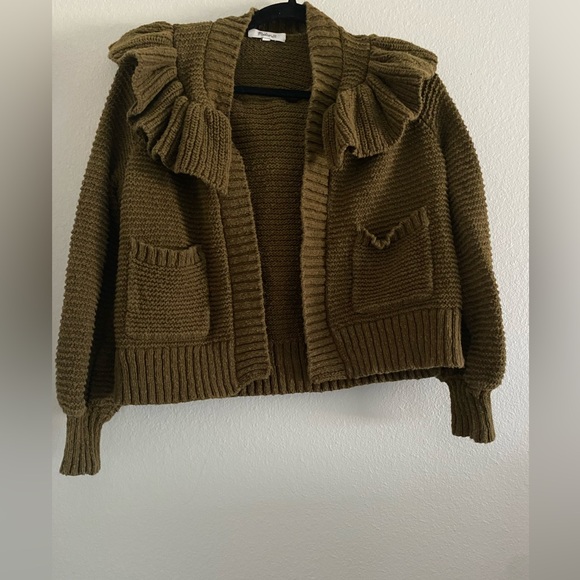 Madewell Cardigan 100% Cotton Olive Green Ruffled Bohemian Open Knit - Picture 1 of 4